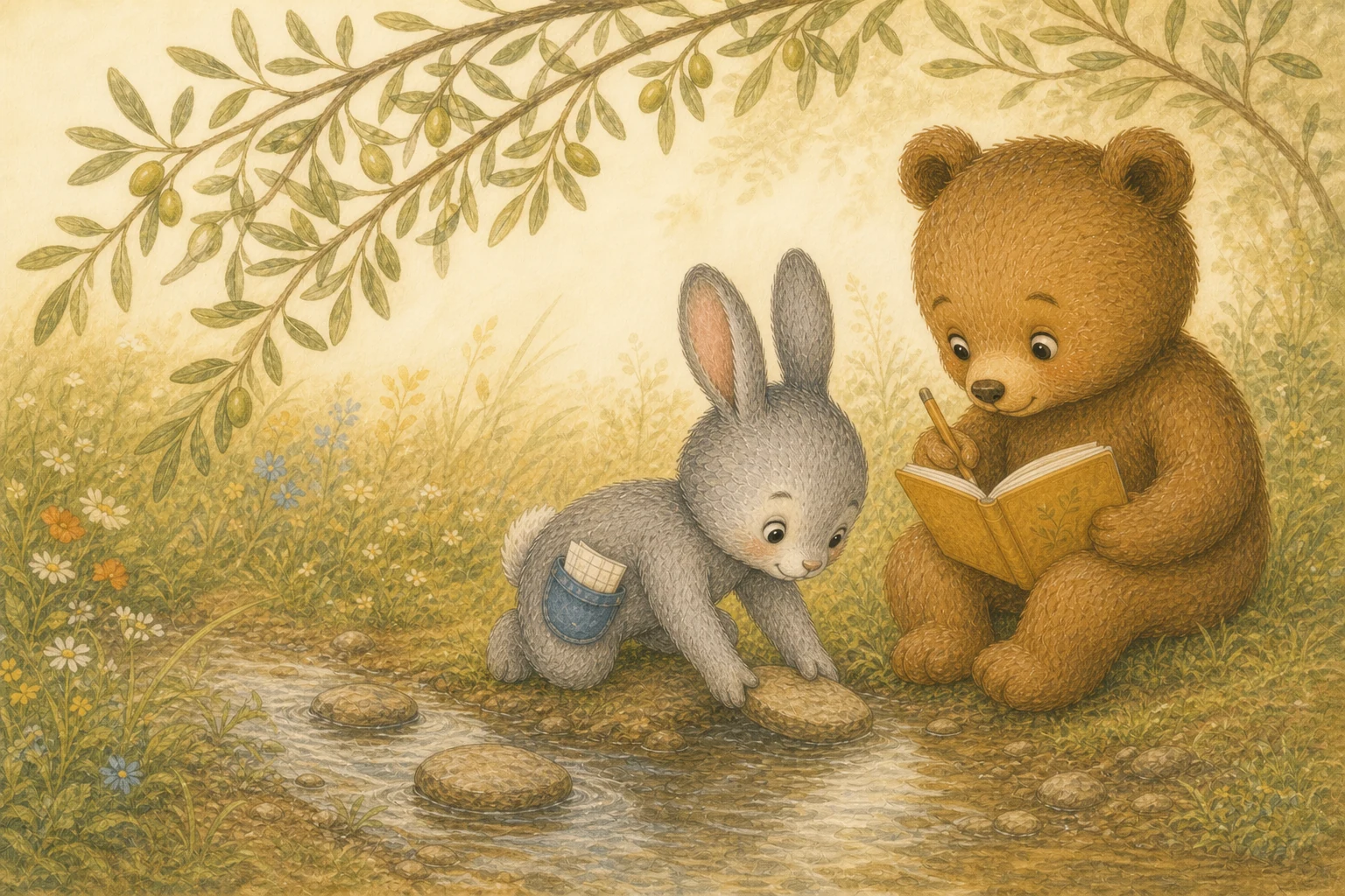 Pip the rabbit places a stepping stone while Ponder the bear listens and writes in his ochre notebook