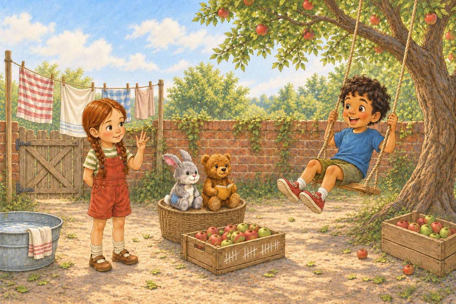 Lotte counts by the washing line while Bram swings, and Pip and Ponder sit still on the laundry basket