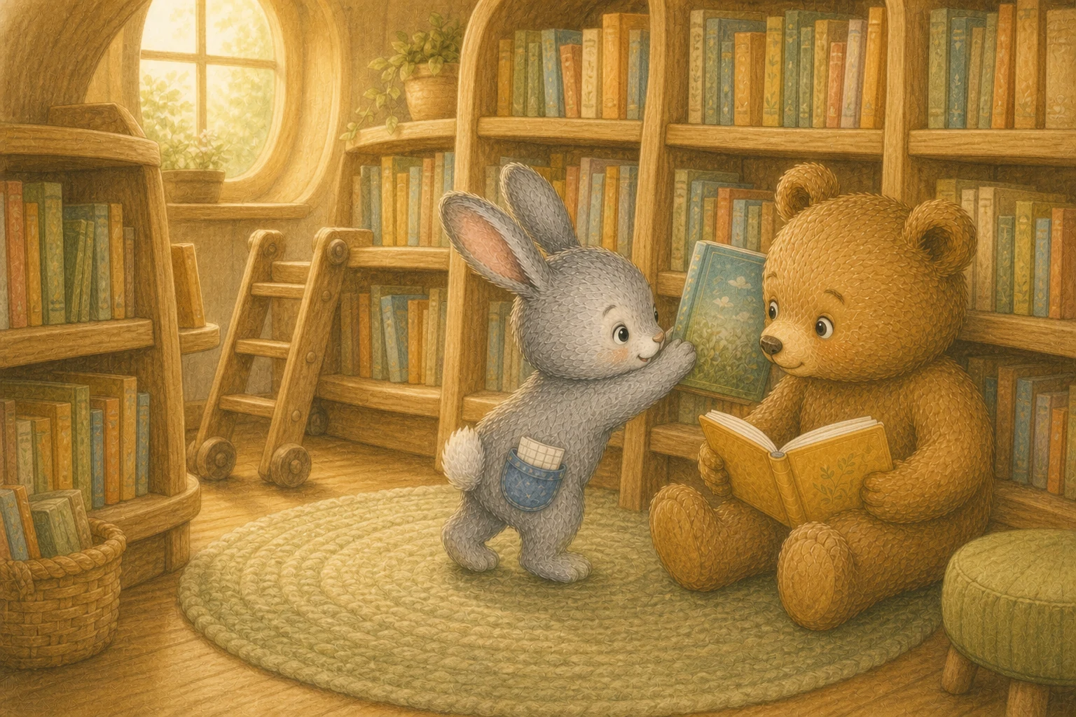 Pip reaches for a picture book while Ponder reads in their little library.