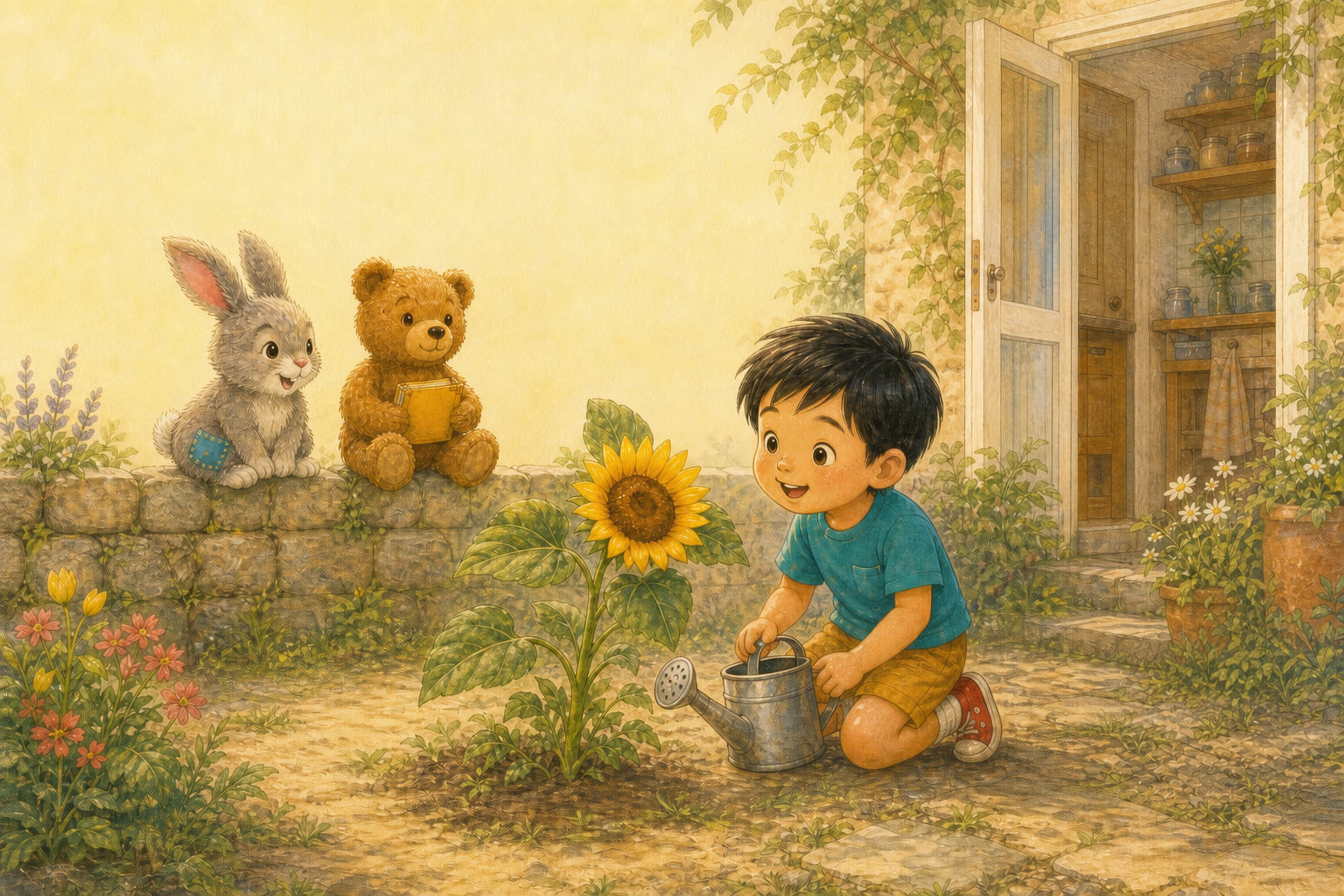 Jun discovers a yellow sunflower while Pip and Ponder sit on the garden wall